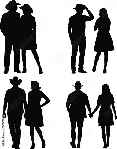 Cowboy couple silhouette, romantic western lifestyle, country love, walking together, holding hands, cowboy hat fashion, rural romance, western relationship