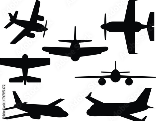 Black airplane silhouette collection, aviation aircraft icons, jet and propeller planes, flight design elements, transportation symbols, isolated vector illustration set