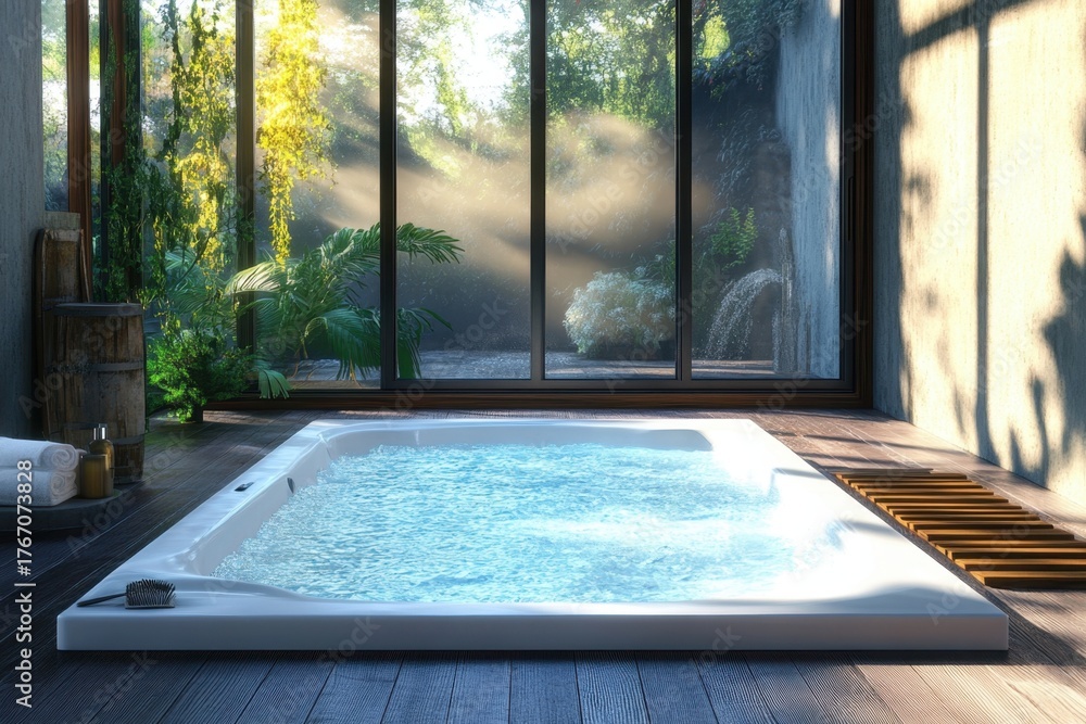 Obraz premium Serenity in a modern spa with a relaxing hot tub surrounded by greenery