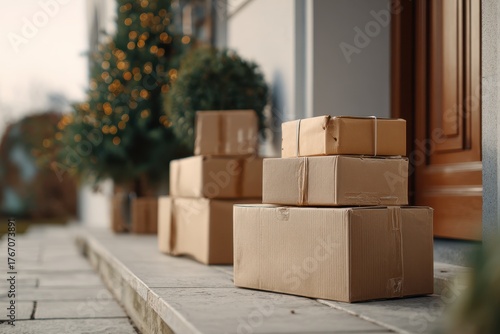 Holiday Packages on Cozy Front Porch of Home, Celebrating E-business Deliveries in the Season
