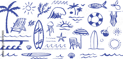 Hand-Drawn Blue Marker Summer Beach and Vacation Doodles