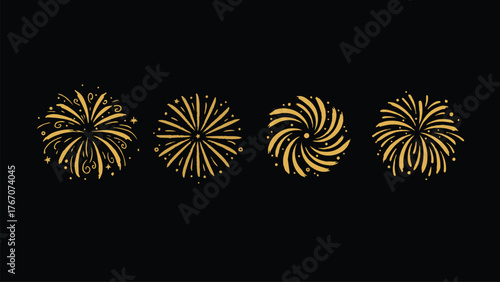 Golden Firework Explosions Vector Icon Set on Black Background