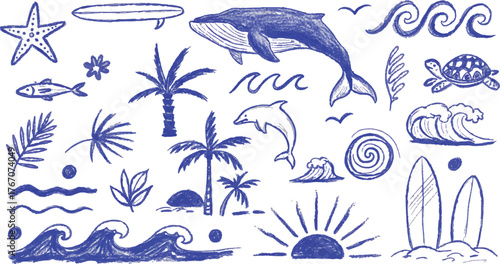 Hand-Drawn Nautical and Tropical Doodle Elements Set
