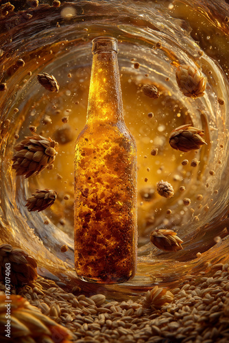 Golden Beer Bottle Enclosed in a Swirling Vortex of Malt and Hops