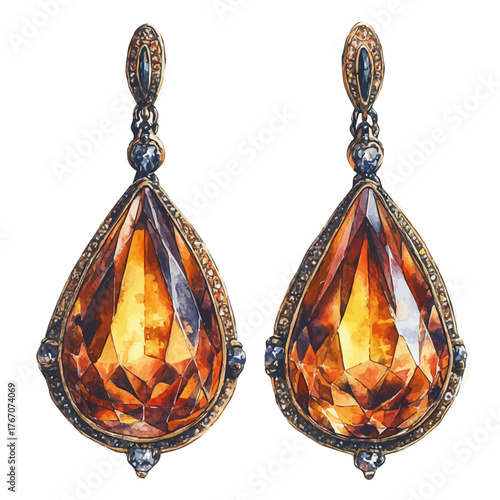 Topaz Earrings, watercolor painting vector, isolated on a white background.