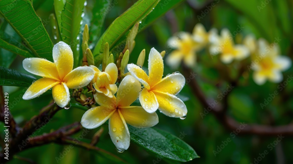 Fototapeta premium Vibrant Tiare Blossoms Clustered Against a Lush Green Backdrop in Summer Bliss