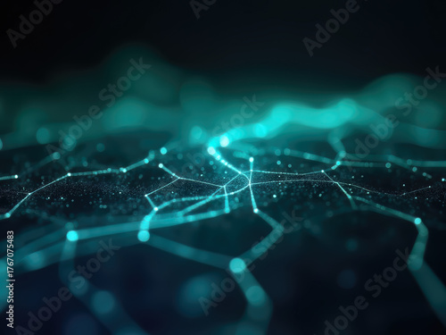Background with glowing light blue and green lines, particles of data flowing in the air.