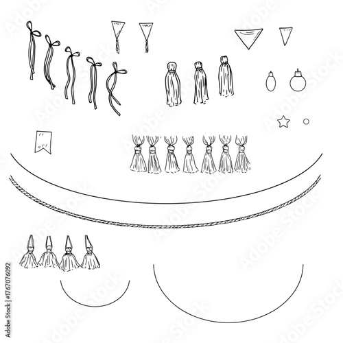 Fringe of tassels and bows, black and white sketch. Vector illustration. A festive garland, a fringe assembly kit, is isolated on a white background. For holiday postcards, invitations, banners