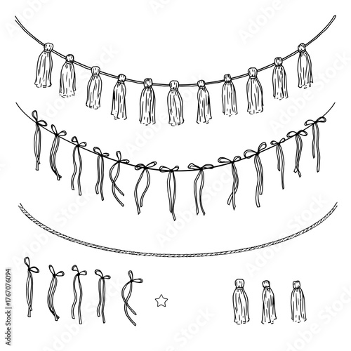 Fringe of tassels and bows, black and white sketch. Vector illustration. A festive garland, a fringe assembly kit, is isolated on a white background. For holiday postcards, invitations, banners
