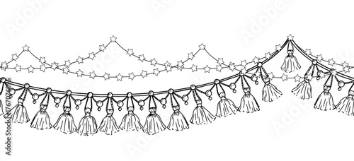 Fringe of tassels and stars, sketch. Vector illustration. Festive garland, seamless horizontal border, isolated on a white background.Theme new year, Christmas, birthday, for postcards and invitations