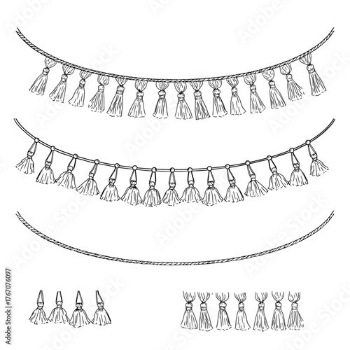 Fringe of tassels and bows, black and white sketch. Vector illustration. A festive garland, a fringe assembly kit, is isolated on a white background. For holiday postcards, invitations, banners