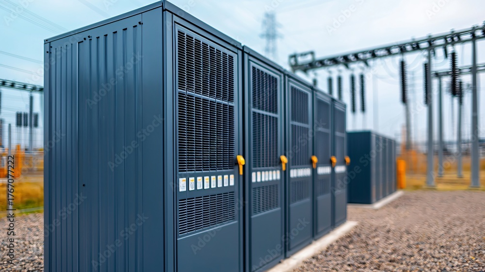 Naklejka premium Wide industrial view of CCUS compression units aligned beside renewable power substation.