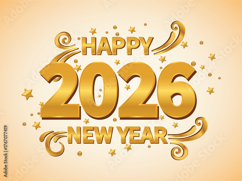 Golden happy new year 2026 with stars and swirls on a light orange background vector
