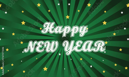 Happy new year greeting card with stars and green rays emanating from the center
