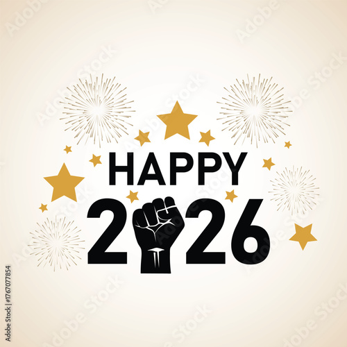 Festive happy 2026 new year celebration with fireworks and stars on a cream background