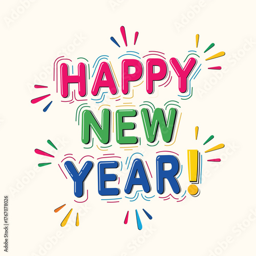 Colorful happy new year greeting with playful typography and vibrant accents on light background