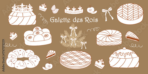 Set of Hand drawn elements of Galette des Rois pastries, crowns, bow in line sketch style on a kraft. Whimsical decor for bakery packaging, holiday menus, invitations, Epiphany celebration designs.