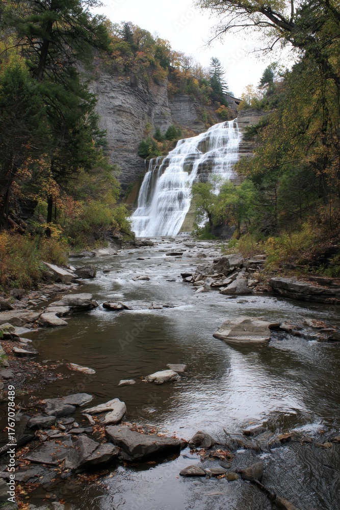 Fototapeta premium Ithaca Falls: Majestic Waterfall Cascading Through Lush Forest Landscape