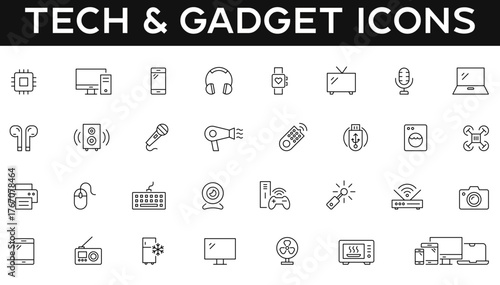 Tech and gadget thin line editable stroke icon set with vector symbols of technology, electronics, smart devices, computer, appliance, mouse, speaker, TV, smartwatch, printer, webcam, camera, radio.