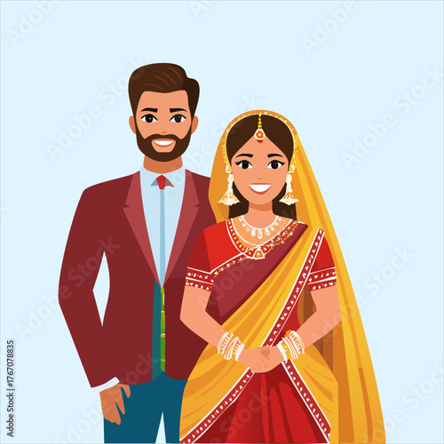 Smiling Indian wedding couple in traditional attire, bride wearing red saree and groom in elegant suit, vector illustration representing love, marriage, happiness, and cultural celebration.