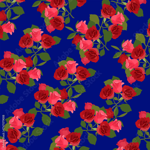 Seamless red rose pattern on blue background. Floral rose seamless vector illustration. Vintage flowers pattern for background, fabric, print, textile, interior, surface design, wrapping paper, art.
