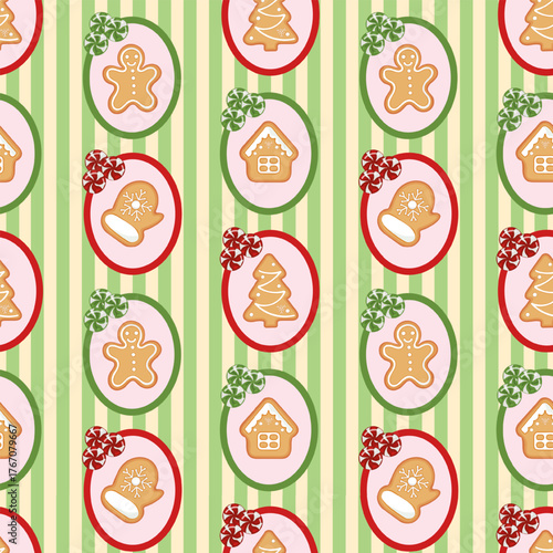 Pop Seamless Christmas pattern with gingerbread cookies, candy, and festive frames on striped background. Xmas coquette retro print. For wrapping paper, textile print, packaging, holiday decoration 