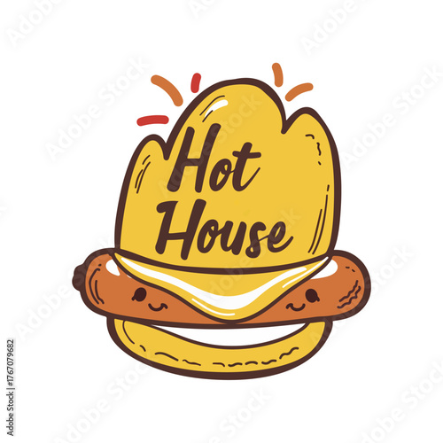 Cartoon Hot Dog Icon with "Hot House" Text and Crown