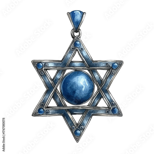 Star Of David Pendant, watercolor clipart vector, isolated on a white background.