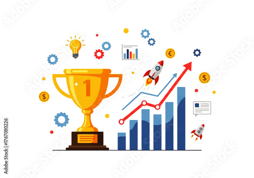 a vibrant vector illustration depicting concepts of business success, growth, and achievement. The central focus is a large golden trophy with the number '1' on it, symbolizing a first-place win.