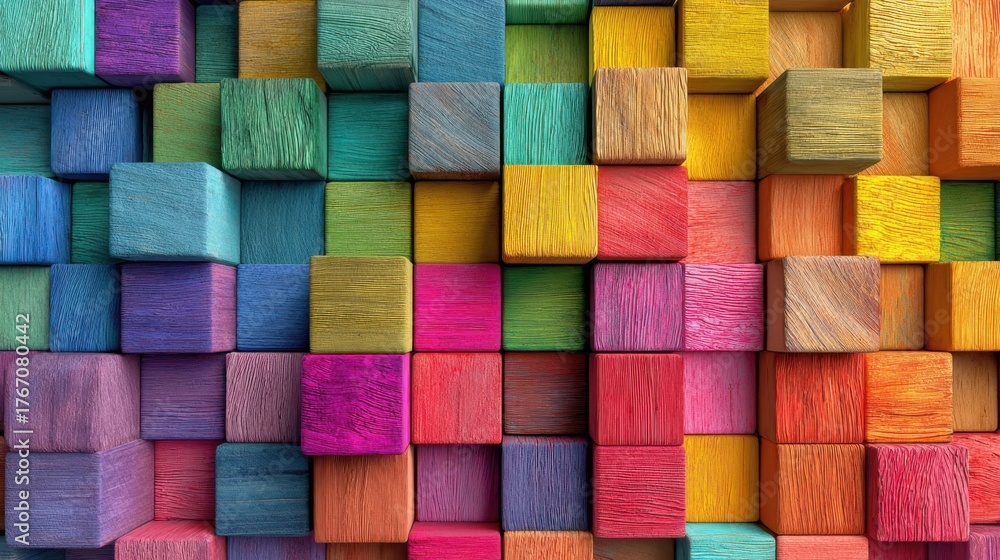 Fototapeta premium Colorful wooden cubes stacked together create a vibrant and textured background