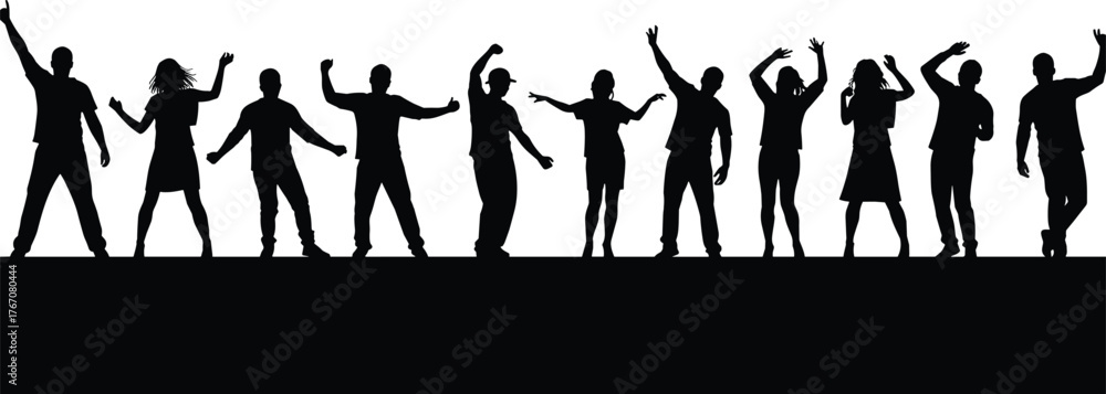 Naklejka premium Silhouette vector illustration of twelve expressive people on platform, dancing and gesturing, celebration and movement concept, dynamic pose design