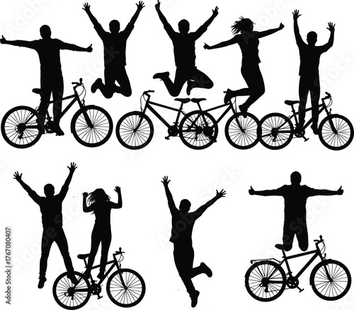Cycling silhouette vector illustration, eight expressive figures with bicycles, jumping and standing poses, celebration and motion concept, outdoor activity design