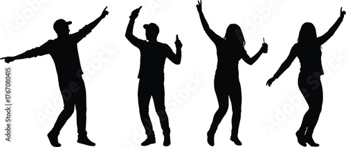 Party celebration silhouette vector illustration, four dancing figures with bottles, expressive poses, social gathering and festive movement concept design
