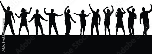 Silhouette vector illustration of twelve expressive people on platform, dancing and gesturing, celebration and movement concept, dynamic pose design