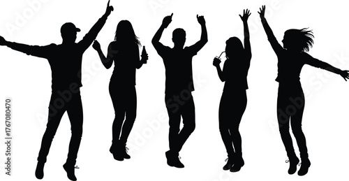 Jumping and dancing silhouette vector illustration, five energetic figures in celebration poses, party and movement concept, joyful action design