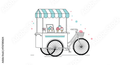 A charming ice cream cart on a bicycle is ready to serve frozen treats.