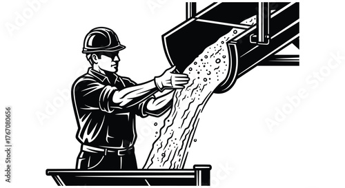 Construction worker pours concrete from a chute into a mold.
