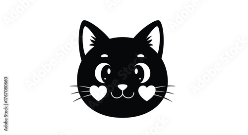 A cute black cat illustration with heart-shaped cheeks smiles warmly.