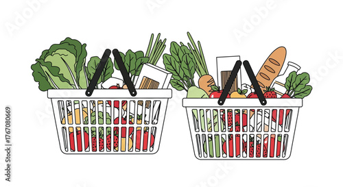 Two full shopping baskets overflowing with fresh groceries and food items.