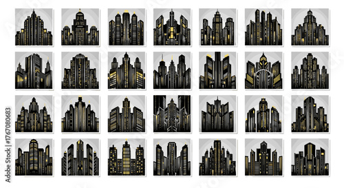 Collection of art deco style cityscapes rendered in grayscale tones