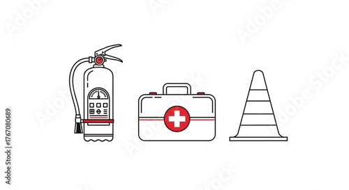 Fire extinguisher, first aid kit, and safety cone are essential emergency items.
