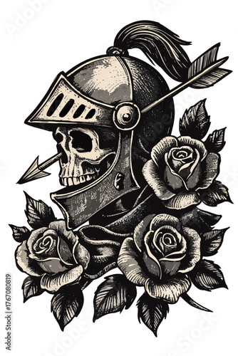 A black and white tattoo-style illustration of a skull
wearing a medieval knight's helmet with a small ponytail tuft