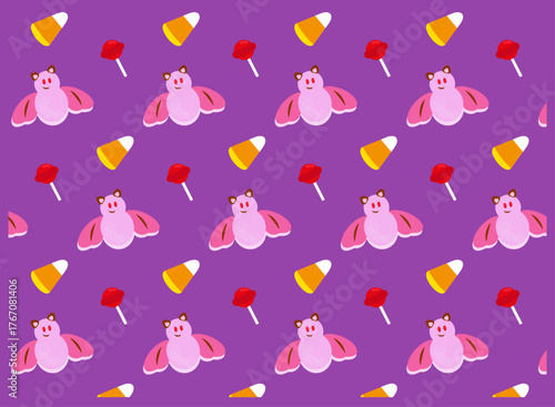 Patrón repetitivo de dulces de halloween en un fondo morado sin costuras.