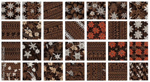 Assorted floral and geometric patterns in brown and white shades