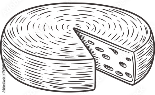 Black and white round cheese with a slice removed food dairy