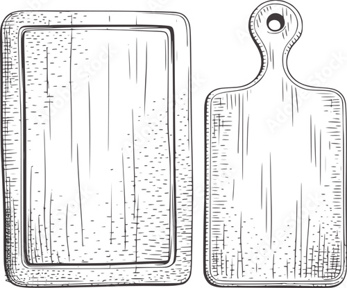 Black and white line drawing of two wooden cutting boards kitchen cooking