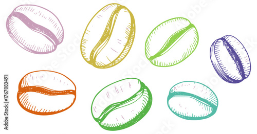 Hand drawn coffee beans in pastel colors sketch illustration
