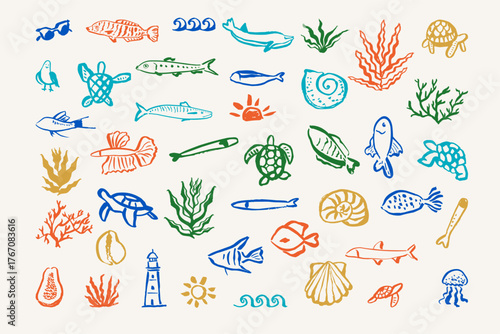 A cheerful set of hand drawn marine life and ocean elements in bright, playful colors. Includes fish, turtles, dolphins, coral, shells, and a lighthouse ideal for kids designs, educational use, and