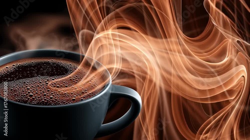 Hot coffee cup closeup with vapor flowing like creative light. Warm drink concept and abstract art. Digital animation footage.