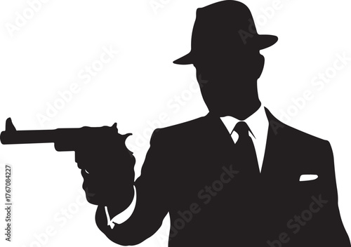Silhouette of a man in a fedora and suit holding a handgun